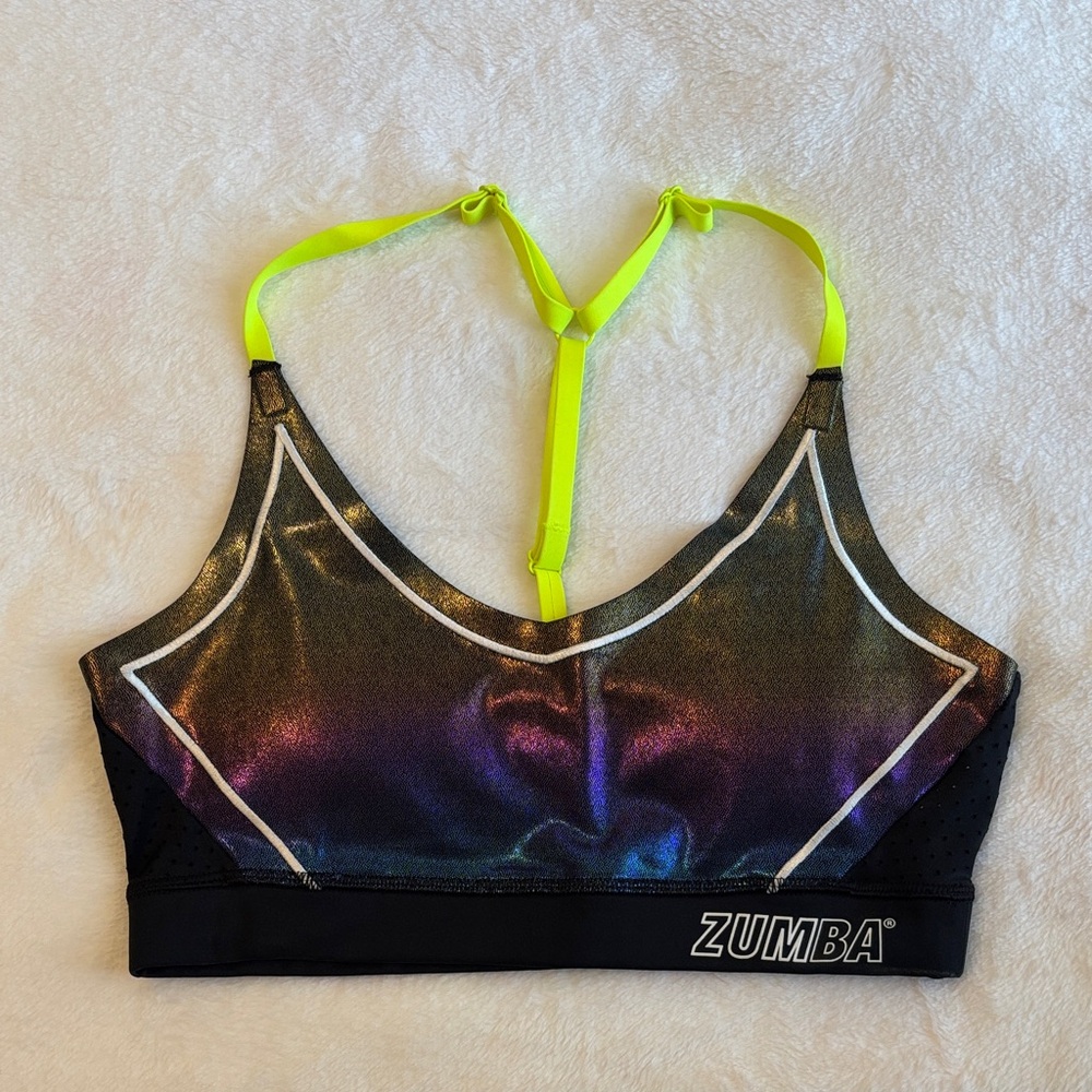 Zumba Fitness Iridescent Sports Bra with Neon Straps